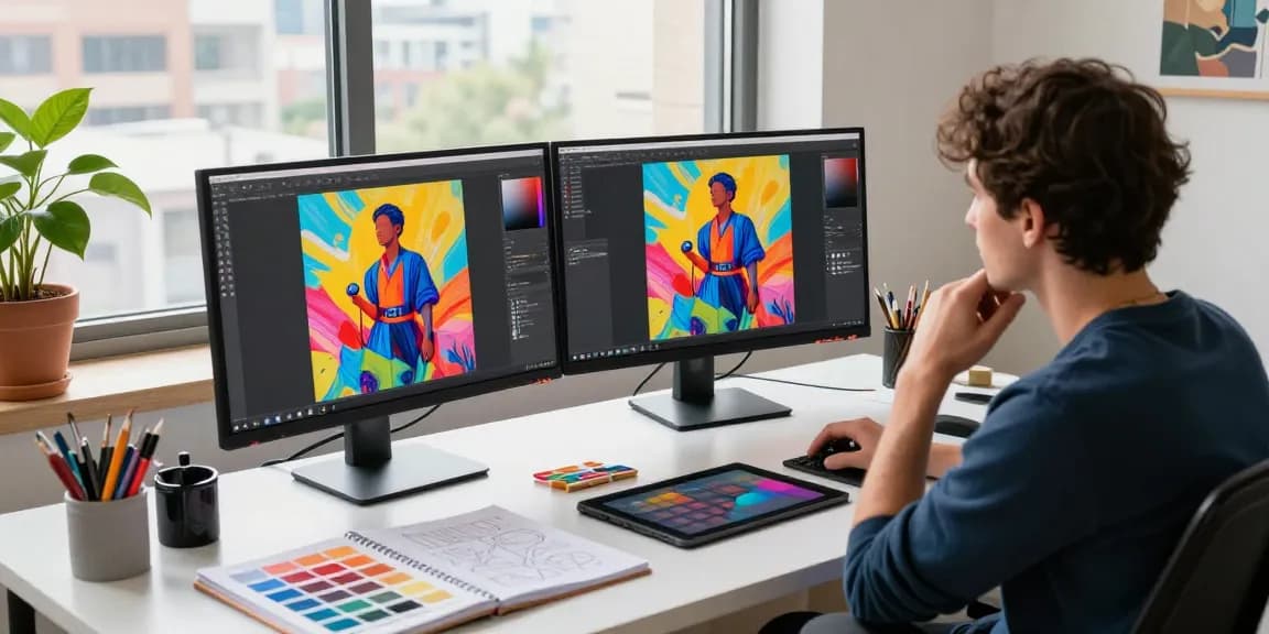 Designer engaging with Nano Banana 2 AI image editor, creating vibrant artwork in an inspiring workspace.