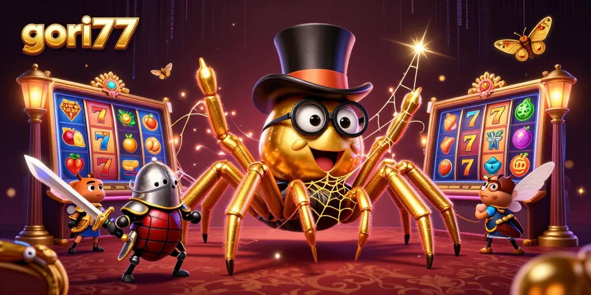 Engage in thrilling casino games with gori77, as knights battle under neon lights amidst spinning slots.