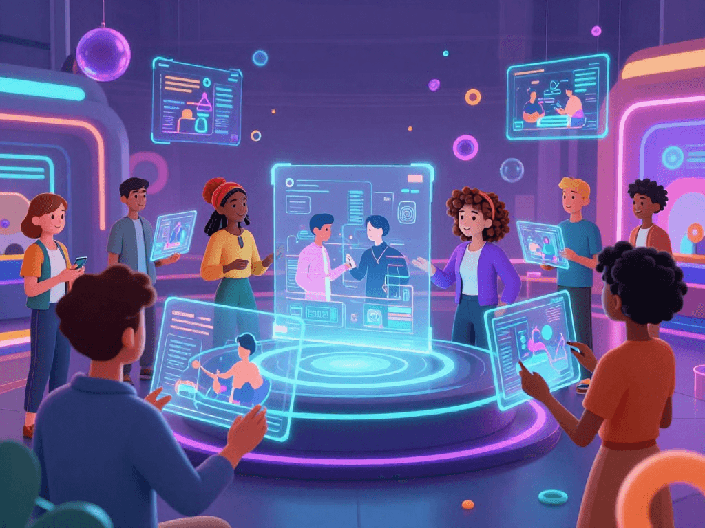 AI sluts interacting in a vibrant digital world, showcasing AI-driven social dynamics and innovation.