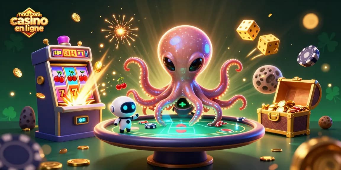 Jouez sur un nouveau casino en ligne animé avec une scène de poker extraterrestre captivante et des machines à sous illuminées.