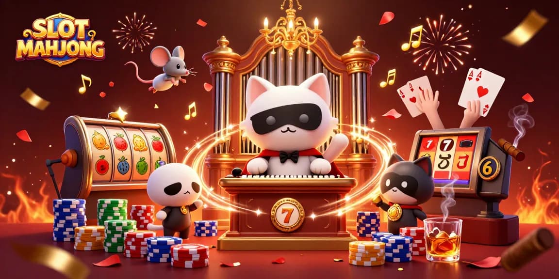 SLOT MAHJONG illustration featuring a playful cat at a casino organ with vibrant gaming elements