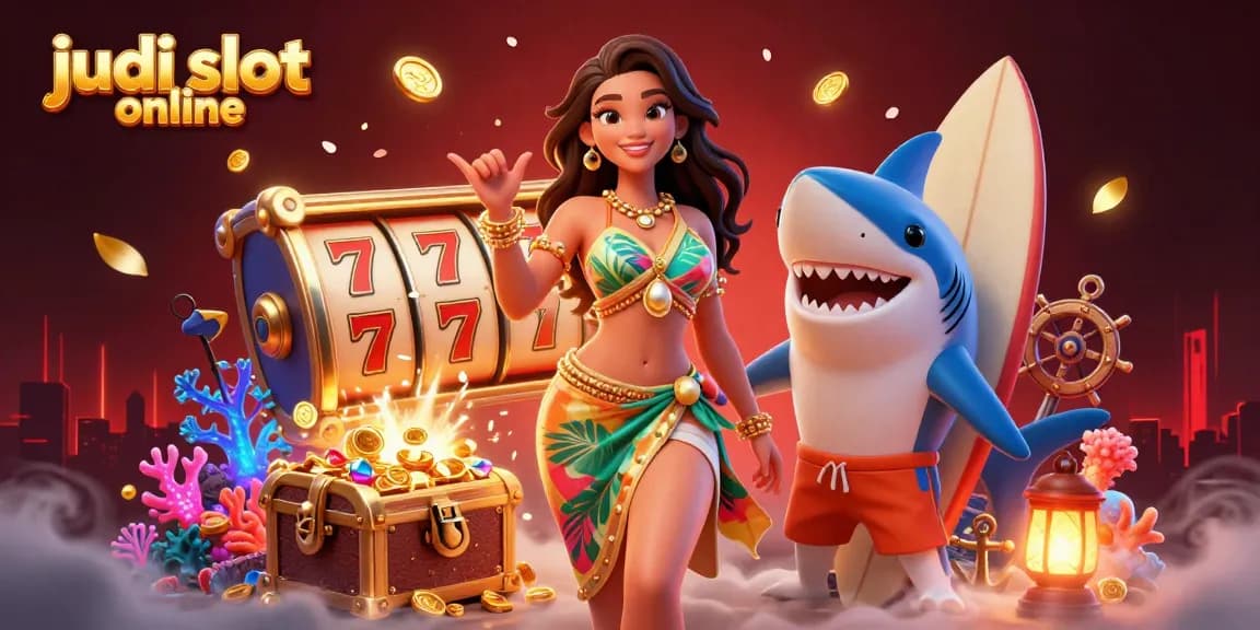 Experience thrilling judi slot online action with a glamorous woman and surfer shark amidst vibrant casino elements.