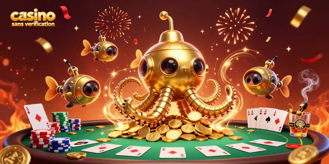 Célébrez le jeu dans un casino sans vérification, avec des poissons mécaniques et un kraken doré au milieu des jetons de poker.