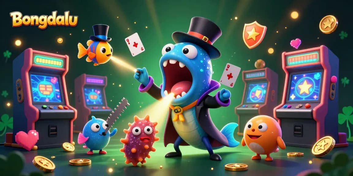 Bongdalu's dynamic casino scene with a bioluminescent eel magician, anglerfish spotlight, and playful sea cucumber.