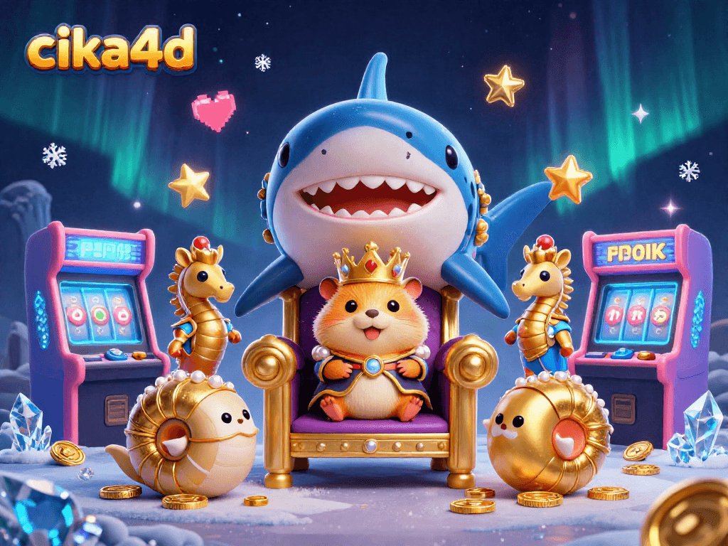 Experience cika4d as the fierce golden hamster king navigates a vibrant arcade of slot machines.