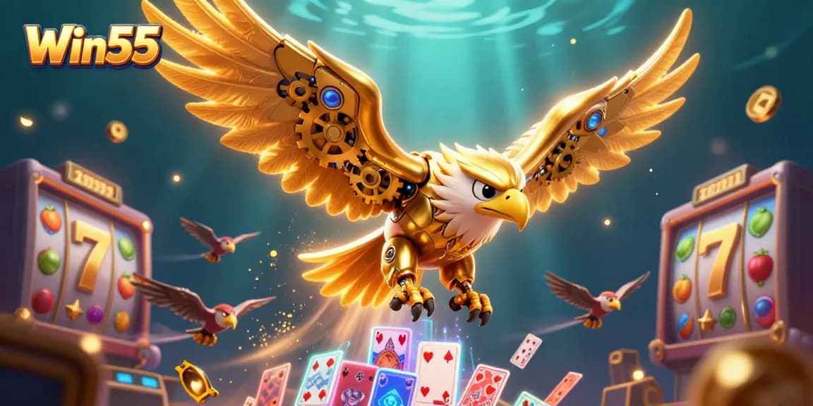 Win55 showcases a dynamic casino scene with a golden eagle amidst spinning slot reels and colorful jackpot symbols.