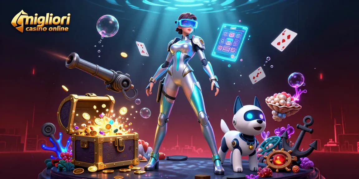 Vivi l'emozione dei migliori casino online con una scena futuristica che mostra una donna abbagliante e un cane robot tra elementi di gioco entusiasmanti.