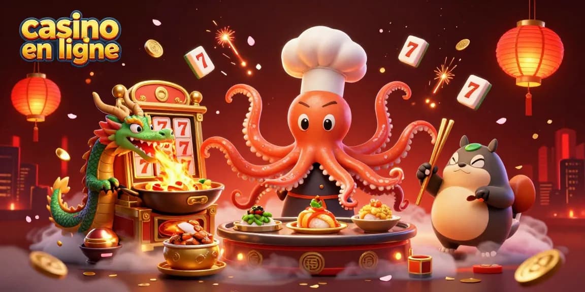 Jouez aux jeux de casino en ligne avec des machines à sous dorées et des personnages colorés.