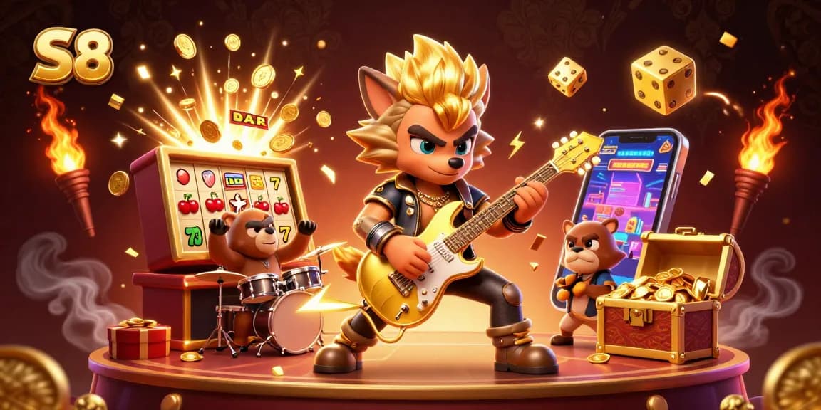 S8 showcases an exciting casino scene with a rock star wolf and a drummer bear, bursting with jackpot excitement and colorful slots.