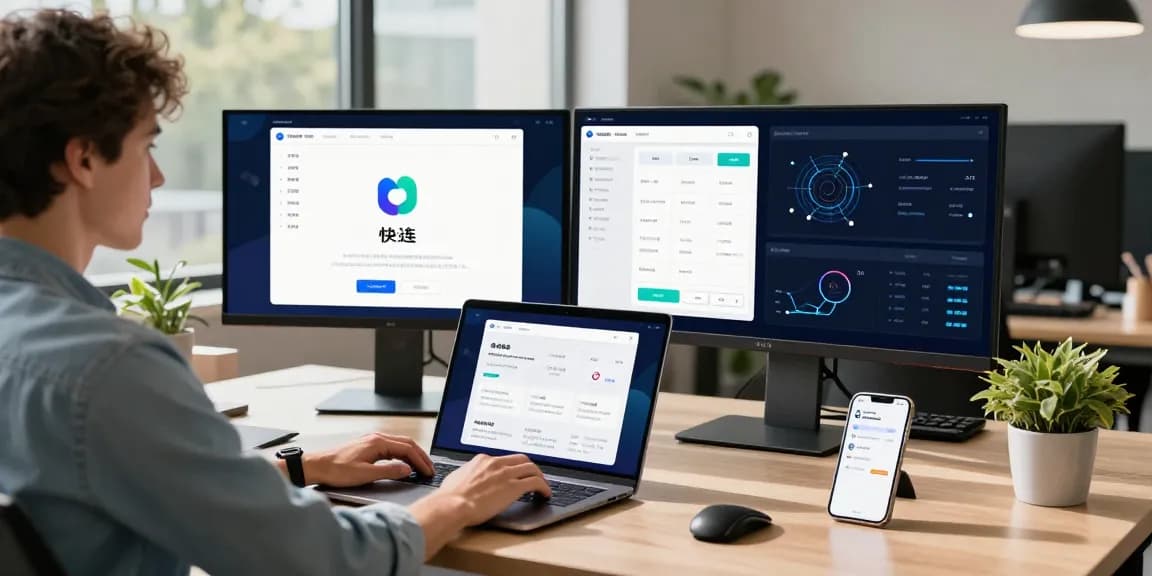 快连 app user analyzing network performance in a modern office setting with multiple screens and a vibrant workspace.