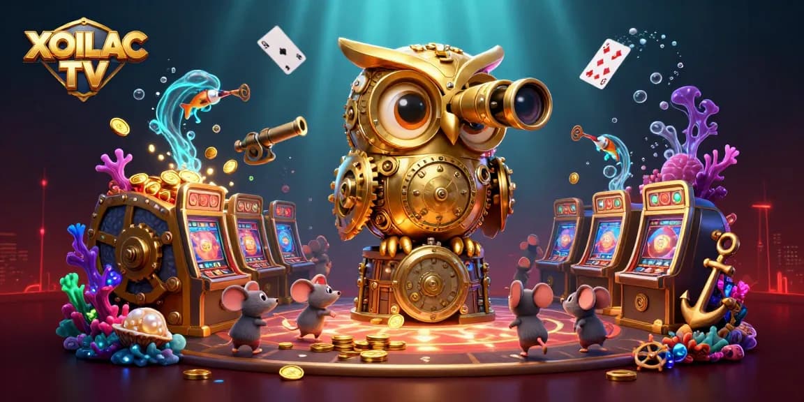Experience thrilling moments with XOILAC TV as a clockwork owl scans a vibrant casino world.