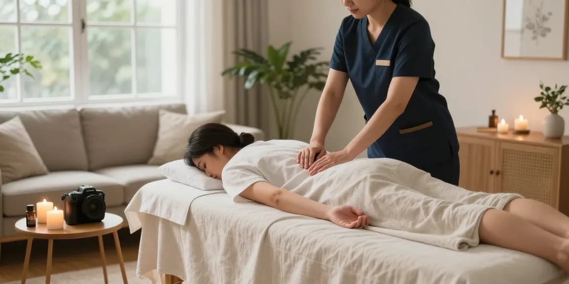 Relaxing 출장마사지 experience in a cozy home setting, highlighting comfort and professional care.