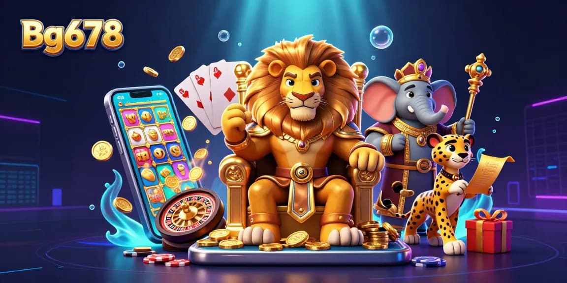 Engage with Bg678’s thrilling gaming scene featuring a lion king, vibrant slots, and more.