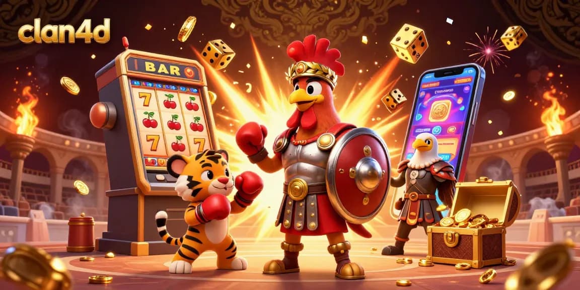 Experience the excitement of clan4d with a gladiator rooster, slot machines, and gold coins in a vibrant 3D scene.