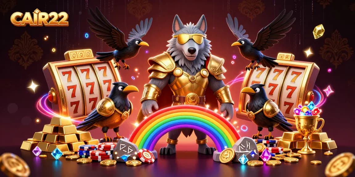 Permainan slot gacor di CAIR22 dengan karakter Odin dan burung gagak, dikelilingi harta karun.
