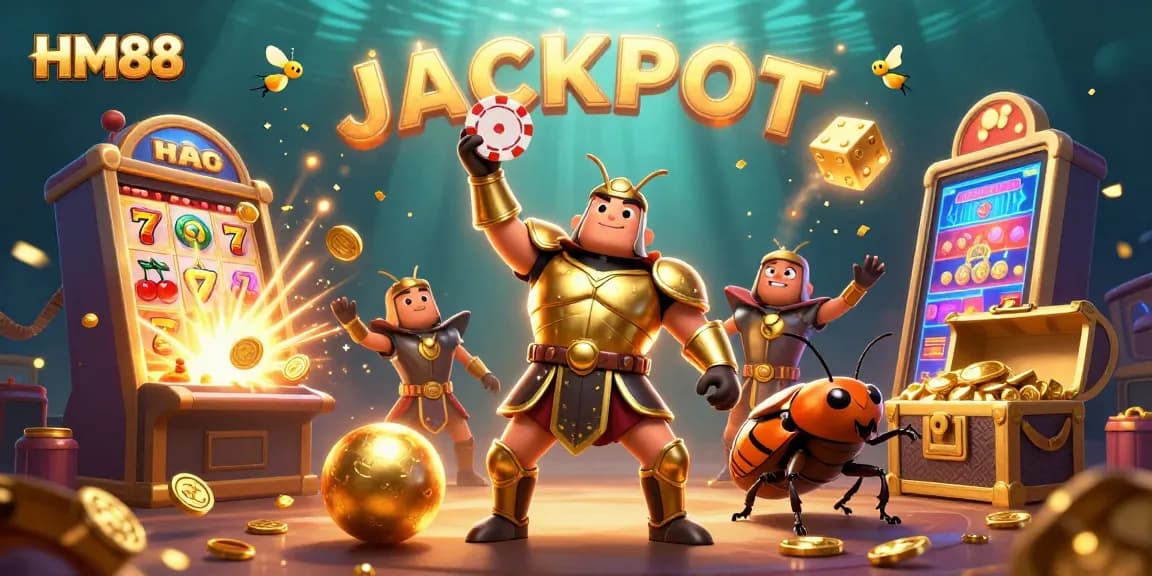 HM88 bets big with cartoon characters in a vibrant casino illustration showcasing jackpot excitement.