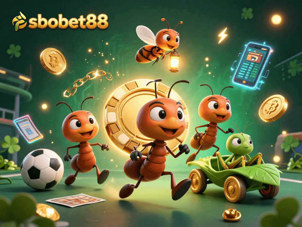 Experience sbobet88 sports betting excitement with animated ants carrying a giant poker chip.