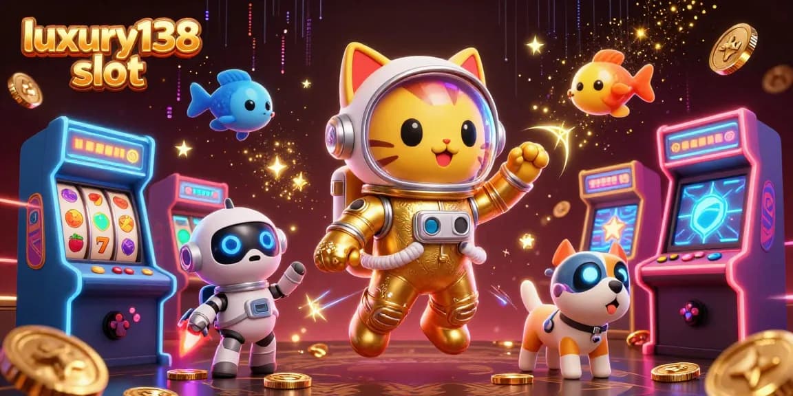 Experience luxury138 slot gameplay with a cat astronaut and robot dog amidst vibrant 3D gaming elements.