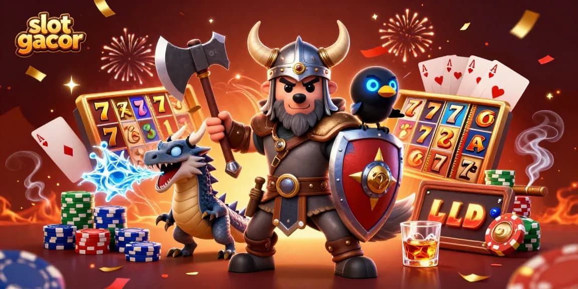 Engaging slot gacor illustration featuring Viking warrior, dragon, and poker elements.