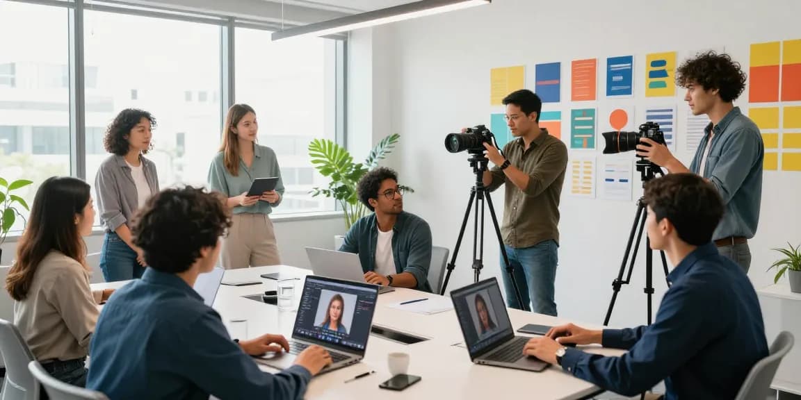 Servizio Fotografico Aziendale in una moderna sala riunioni, team di professionisti coinvolti in una sessione fotografica.