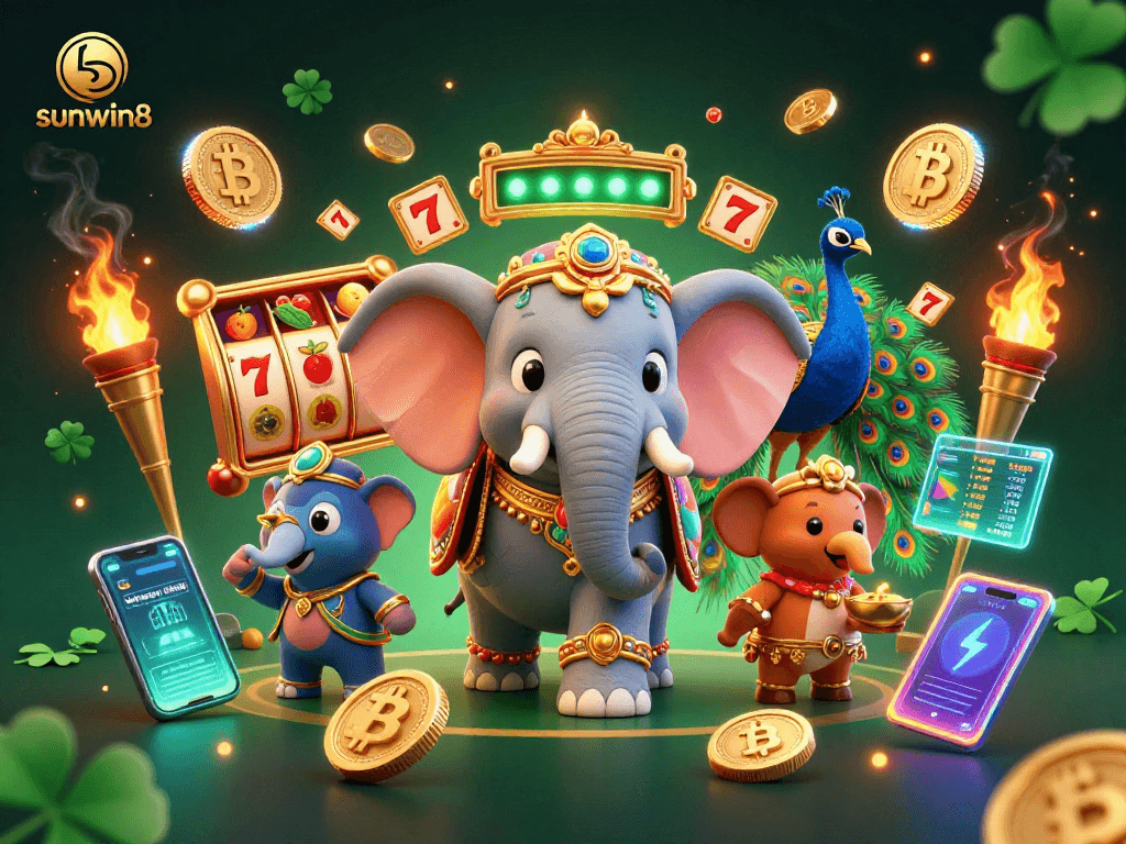 Experience thrilling gameplay with sunwin8, a vibrant illustration showcasing slots and jackpot elements in a lively casino atmosphere.