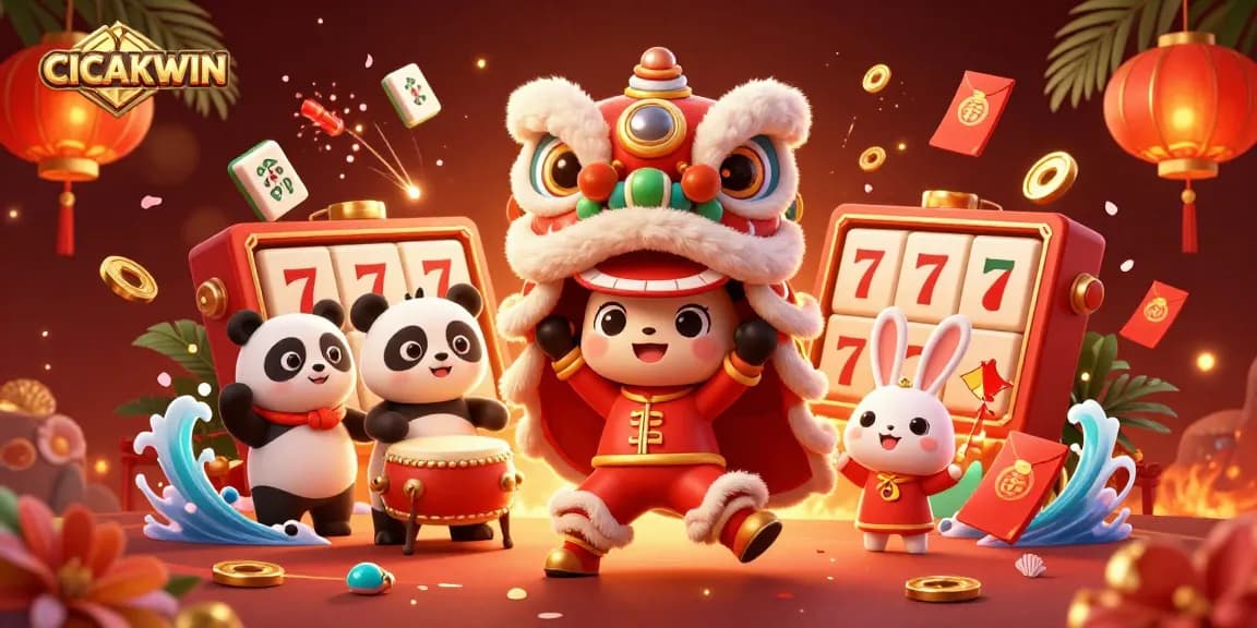 CICAKWIN slot gaming illustration showcasing a vibrant lion dance with festive elements and exciting casino motifs