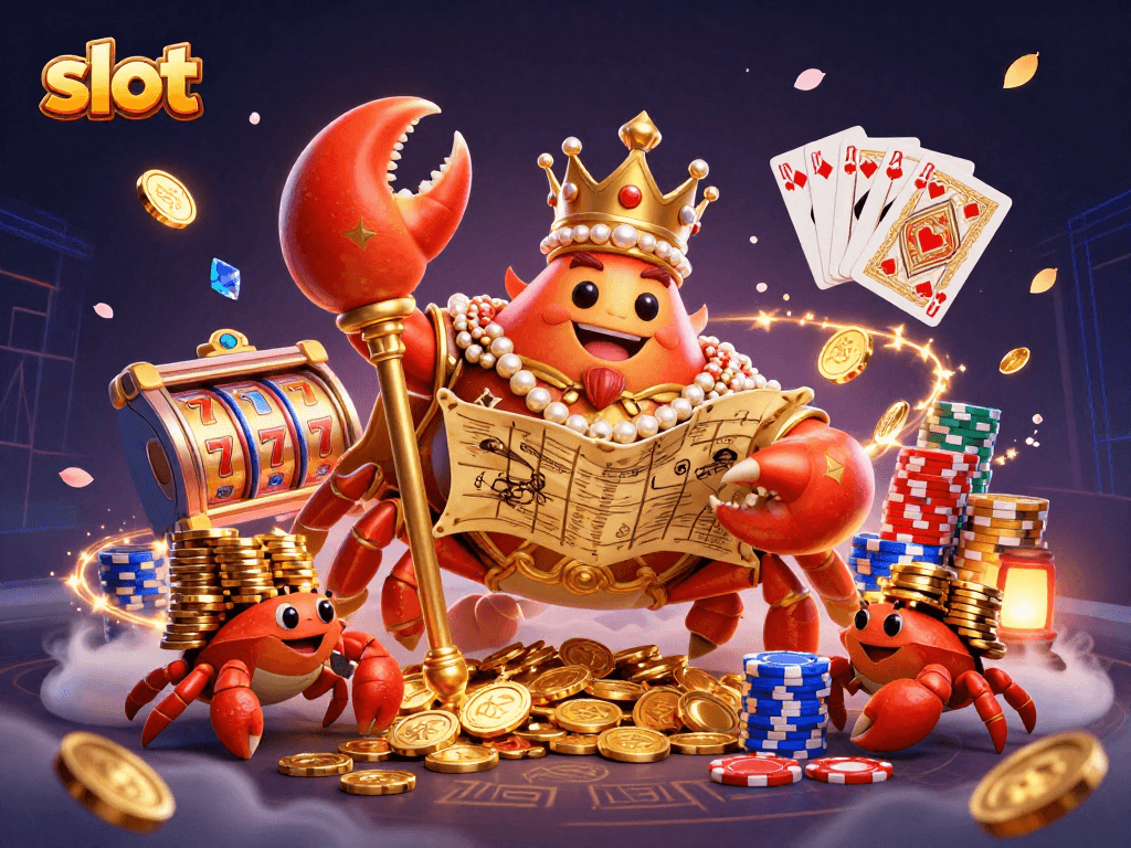 Spin the slot reels with the golden crab emperor among a treasure of gems and chips.