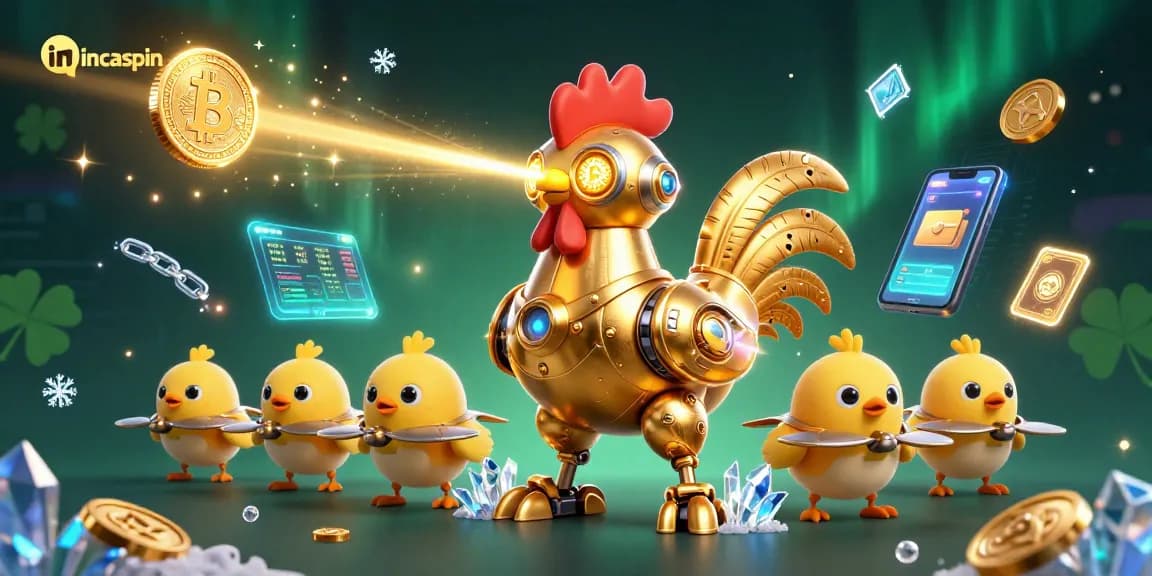 Engage with incaspin's golden rooster robot in a vibrant casino-themed crypto adventure.