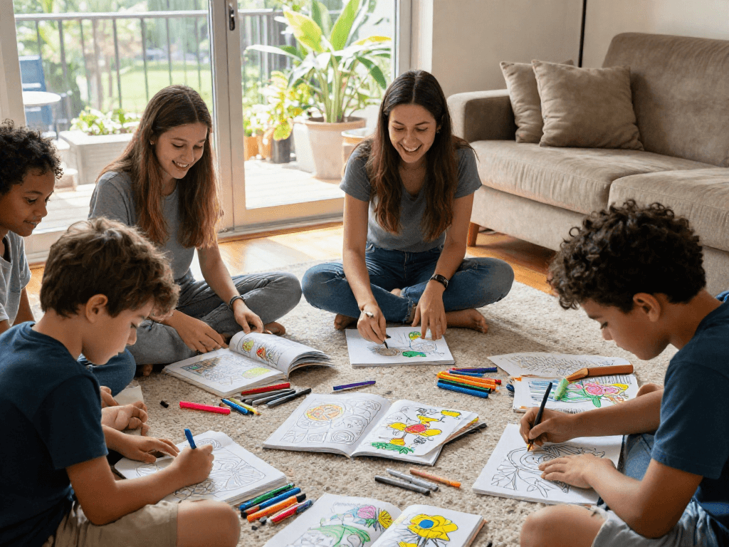 Engaging scene of individuals coloring books together, showcasing vibrant creativity and joyful moments.