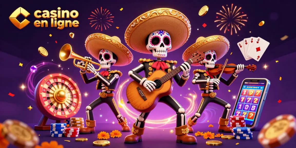 Éprouvez l'excitation des jeux de casino en ligne avec une scène dynamique de mariachi squelettes.