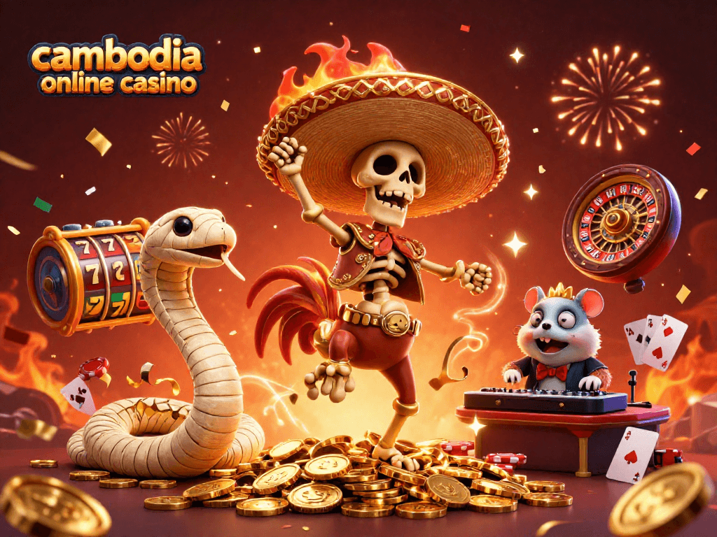 Experience the excitement of cambodia online casino with vibrant characters and casino elements in a festive setting.