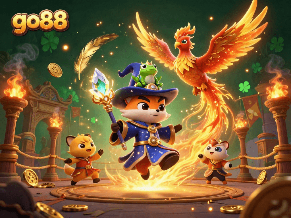 Experience excitement and winning moments at go88 with a vibrant 3D wizard-themed casino scene.