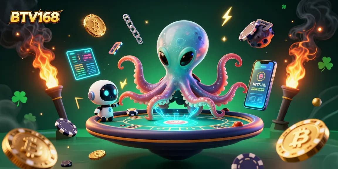 BTV168 showcases an alien octopus and robot at a holographic poker table amid glowing crypto coins and vibrant space elements.