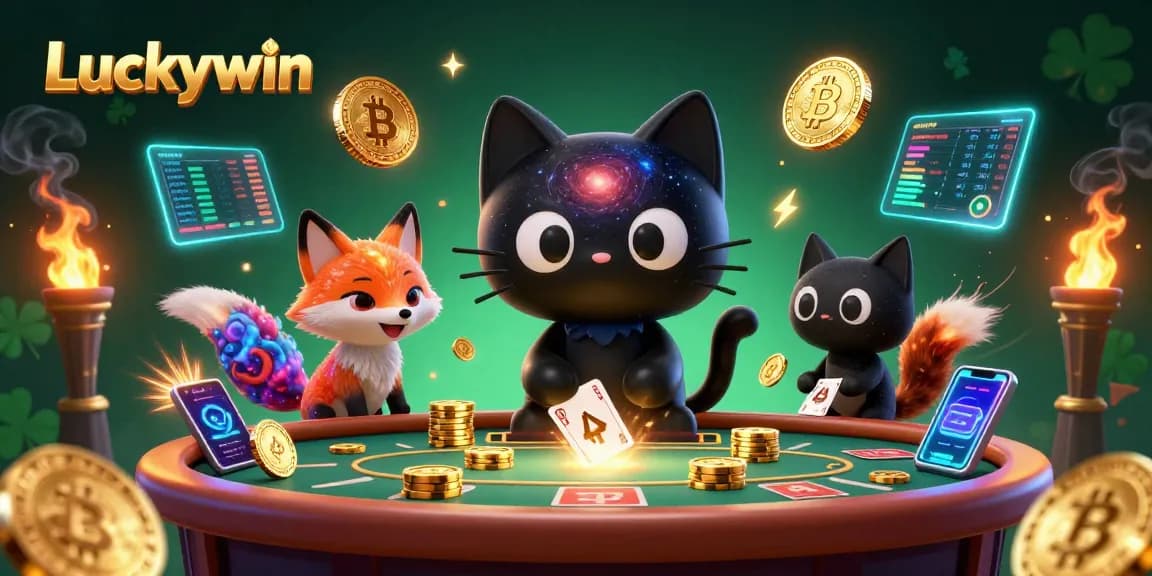 Experience the thrill of Luckywin with a dynamic cosmic casino scene featuring vibrant 3D characters and gaming elements.