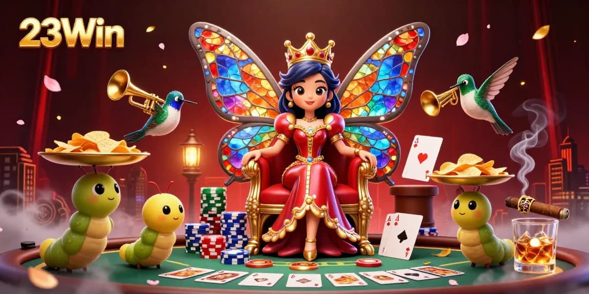 Play poker with 23Win's vibrant characters and golden casino elements in a magical scene.