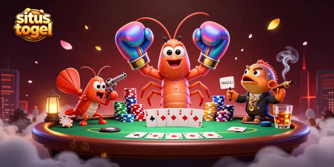 Engage with situs togel in an electrifying 3D poker showdown featuring vibrant shrimp characters.