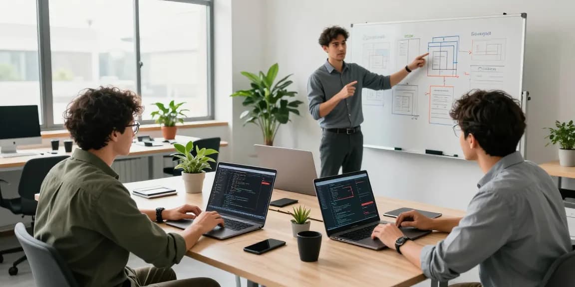Developers collaborating on openclaw skill in a modern workspace with computers, whiteboards, and design interfaces.