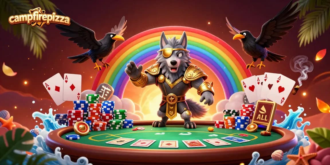 Bermain di campfirepizza dengan Odin dan burung gagak di belakang meja poker.