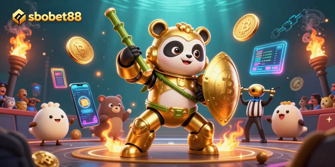 Engage in thrilling betting action on sbobet88 with dynamic scenes of a panda in mech-suit and crypto elements.