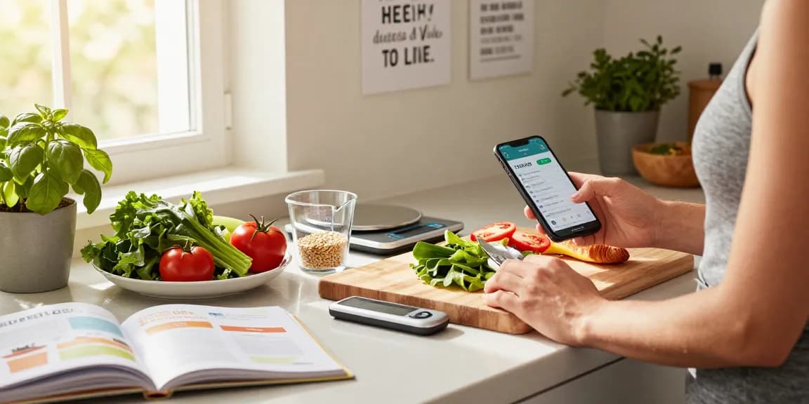 Preparing a healthy meal while using the best calorie tracking apps to log calories in a bright kitchen.