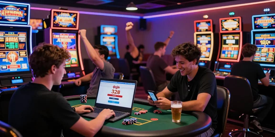 Exciting online gaming scene showcasing players engaging with raja 328 login and slot machines in a lively casino environment.
