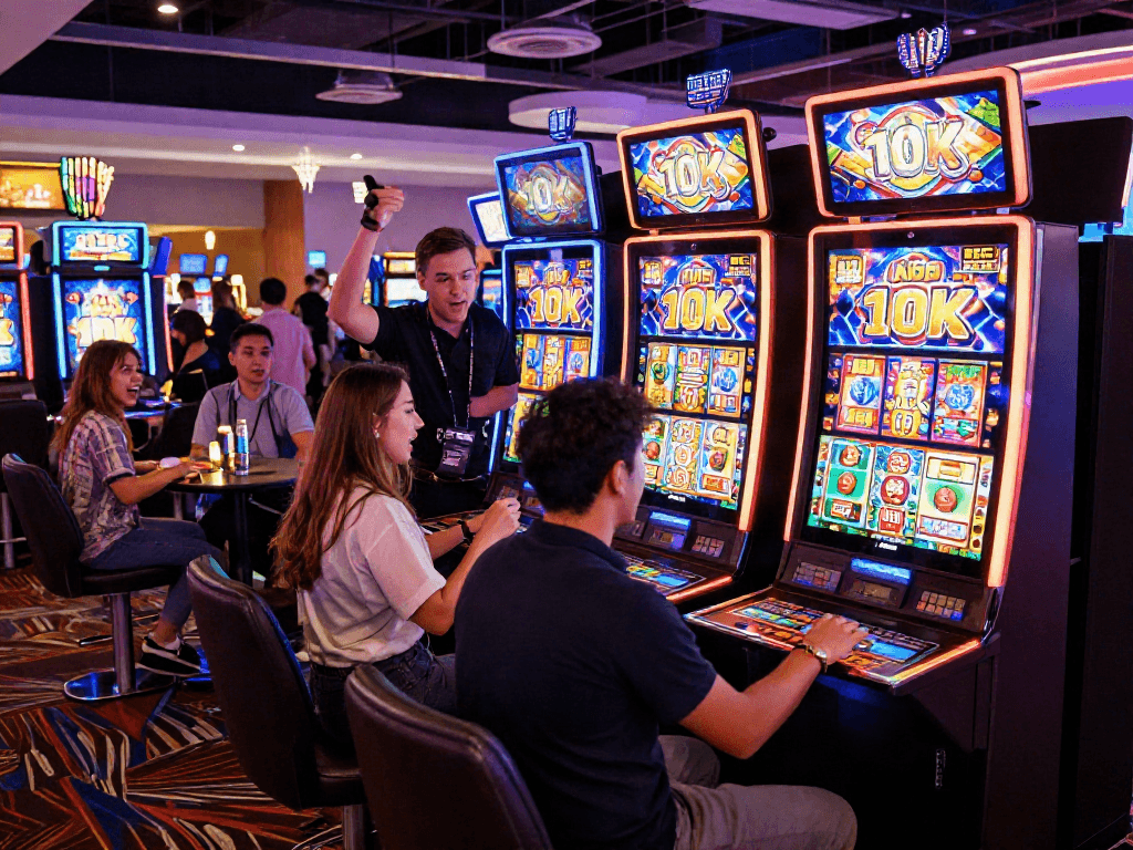 Friends celebrating a slot depo 10k win at a vibrant casino, showing excitement and colorful machines.