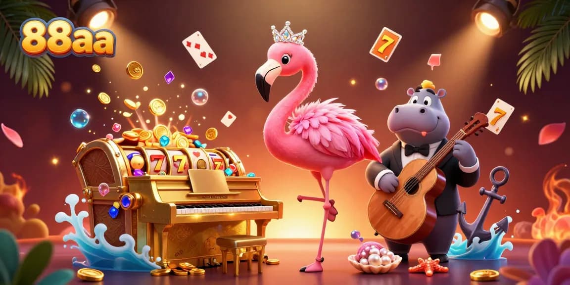 Engage with 88aa's lively casino scene featuring a flamingo singer and hippo bassist amidst gold coins.