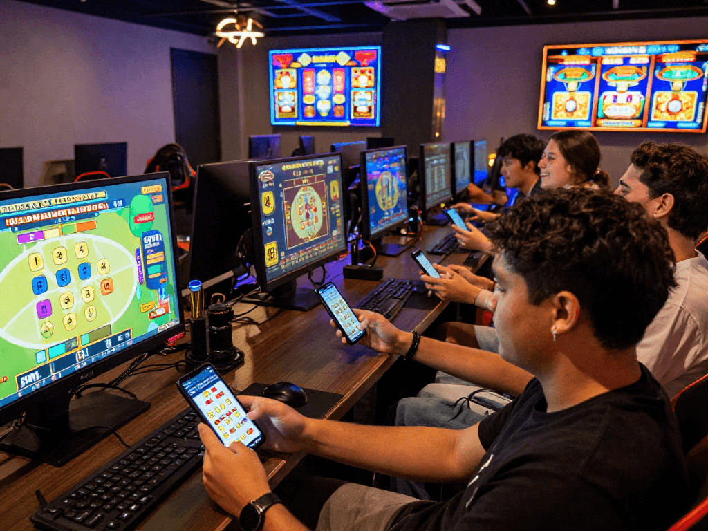 Exciting Visabet88 players engaging in daftar toto 4d games with colorful screens in a lively gaming lounge setting.