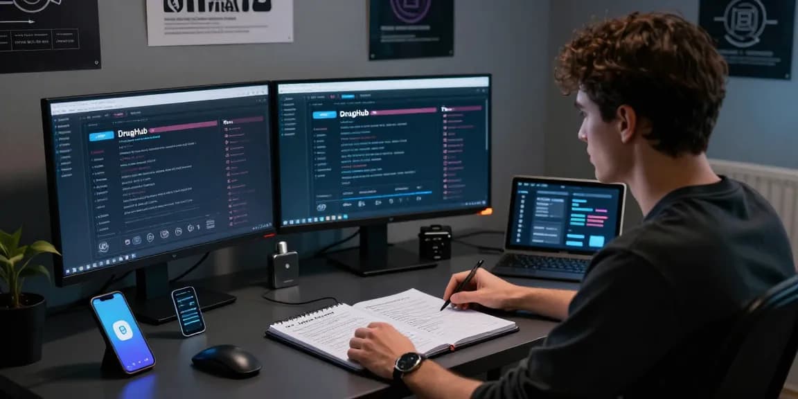 Exploring the Best Darknet Markets 2026, a tech-savvy user researches darknet listings on dual monitors in a focused workspace.