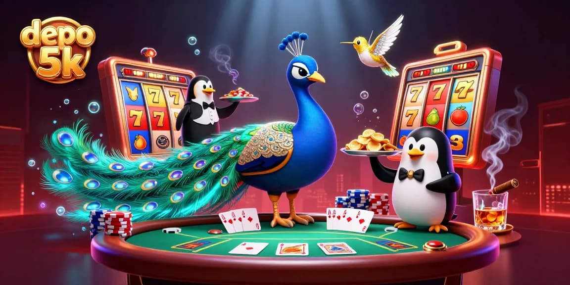 Play exciting depo 5k slot games with a stunning peacock and lively characters amid vibrant casino elements.