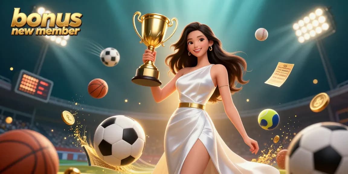Experience the excitement of sports betting with the bonus new member offer illustrated in a vibrant 3D scene.