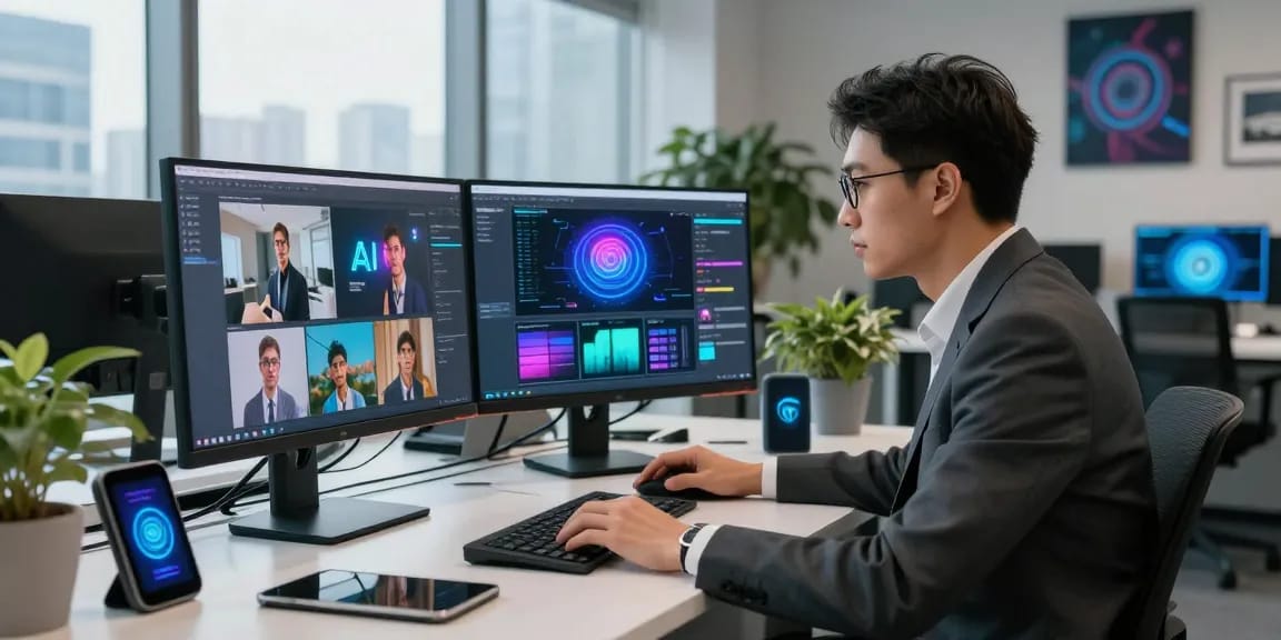 AI image detector specialist analyzing content moderation in a modern office.