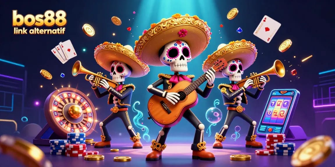 Experience the excitement of bos88 link alternatif with a vibrant illustration featuring mariachi skeletons and casino elements.
