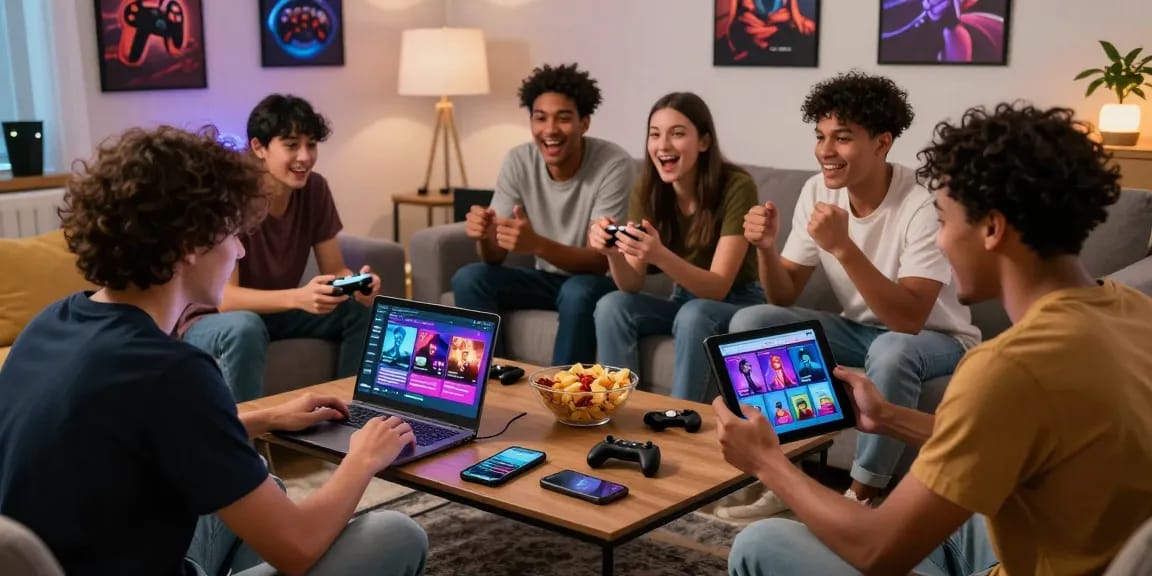 Group of friends playing porngames online in a cozy living room setting.